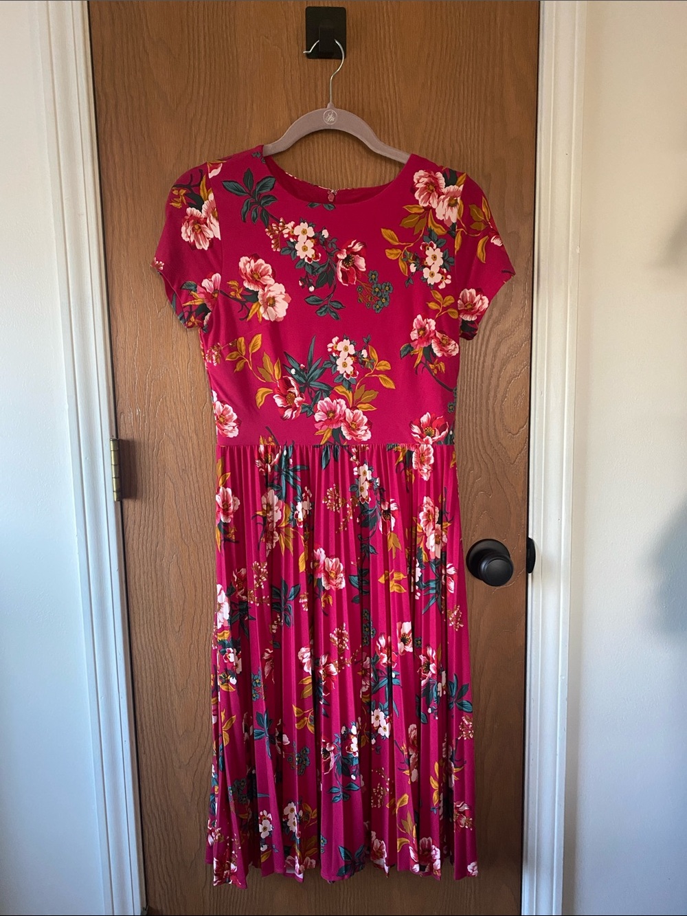 LOFT Pink Floral Pleated Midi Dress